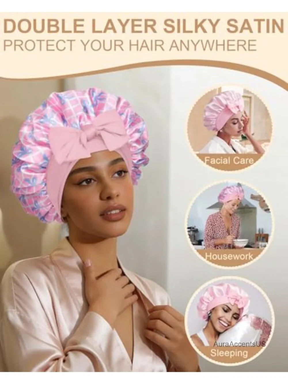 Reversible Satin Bonnet for Sleeping, Double Layer Hair Wrap with Elastic Tie
